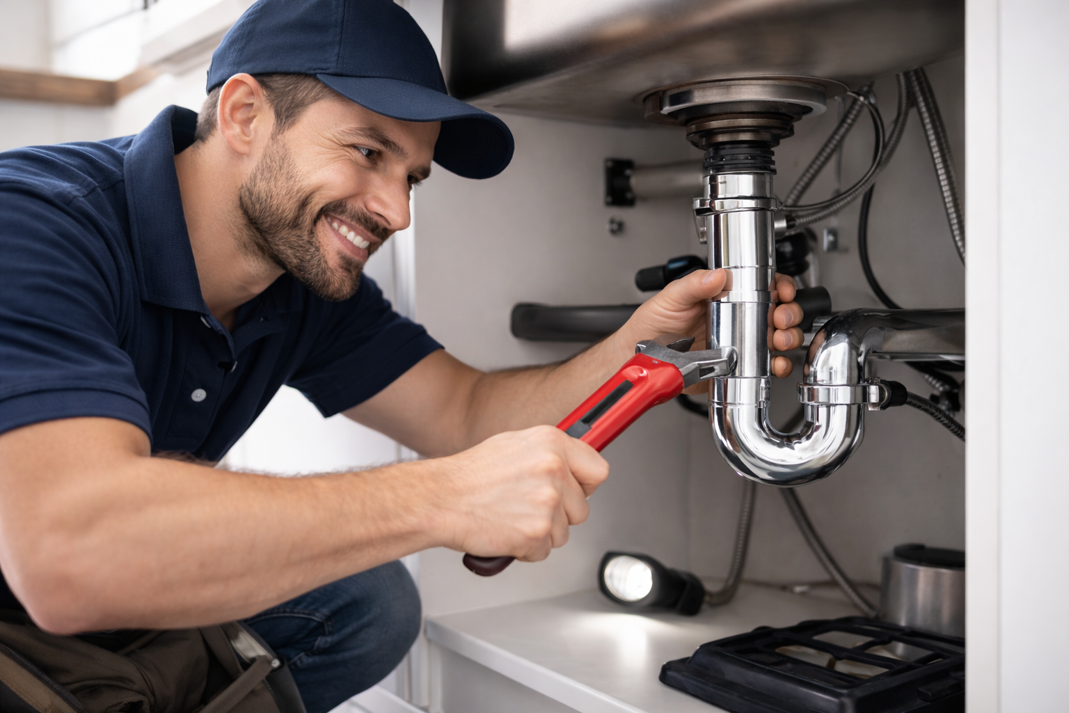 plumber working under the kitchen sink